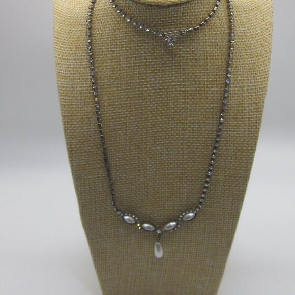 Vintage Rhinestone and Faux Pearl Drop Necklace - Picture 1 of 3